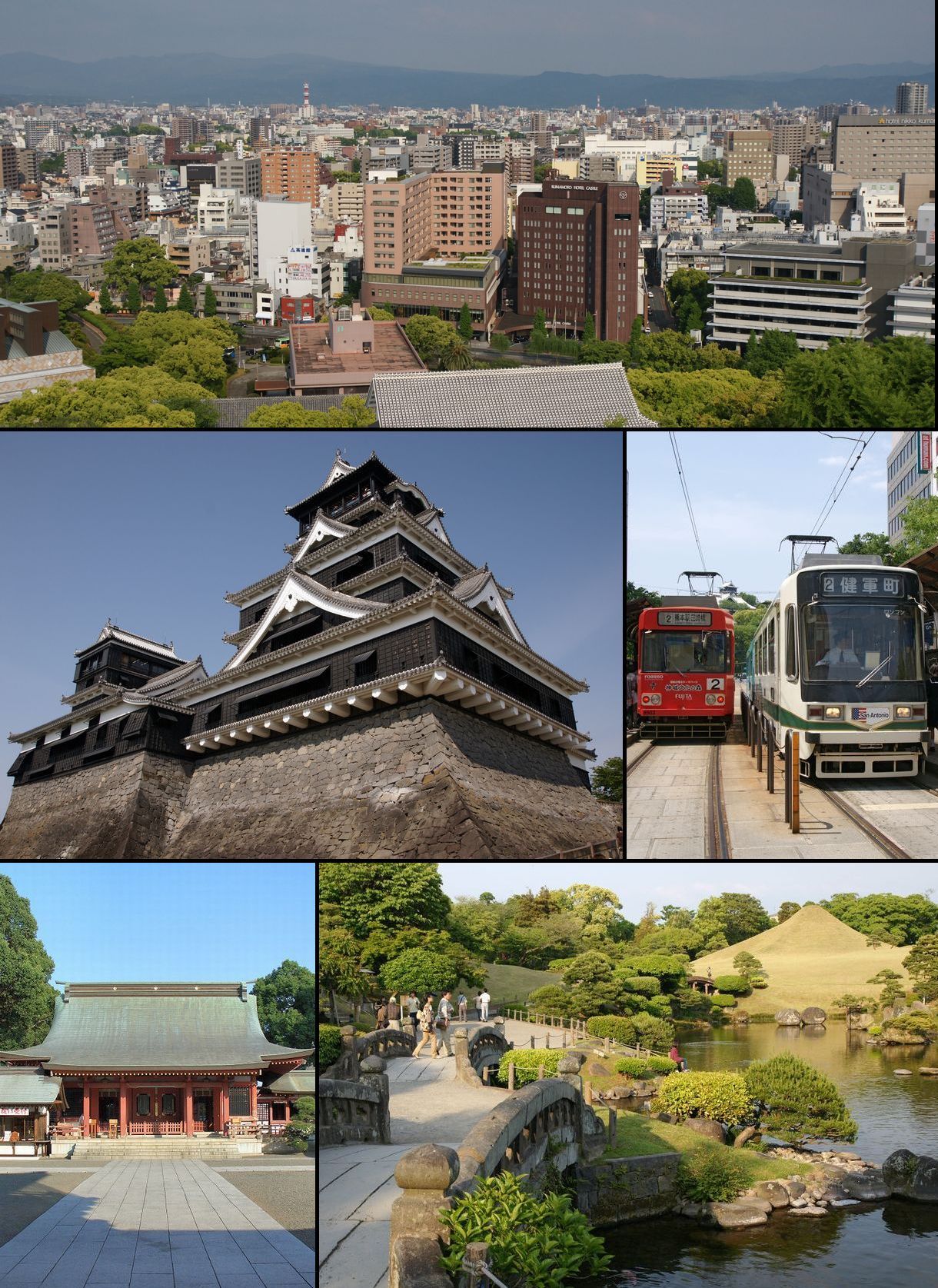 Kumamoto City overview — cityscape, castle, tram, and Suizenji garden